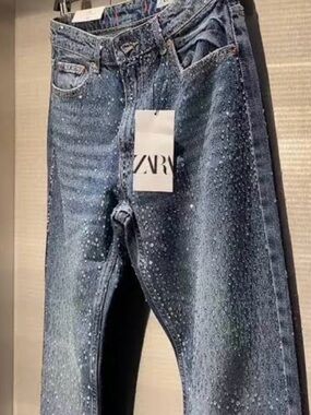 Zara Blue Crystal-Embellished Denim Jeans